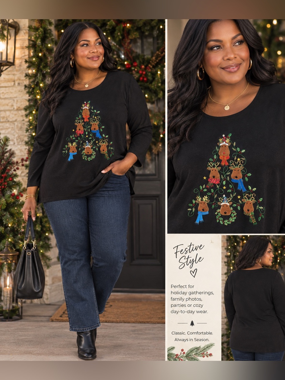 Kim Rogers Black Christmas Reindeer Embroidered Long Sleeve Top XL | Holiday